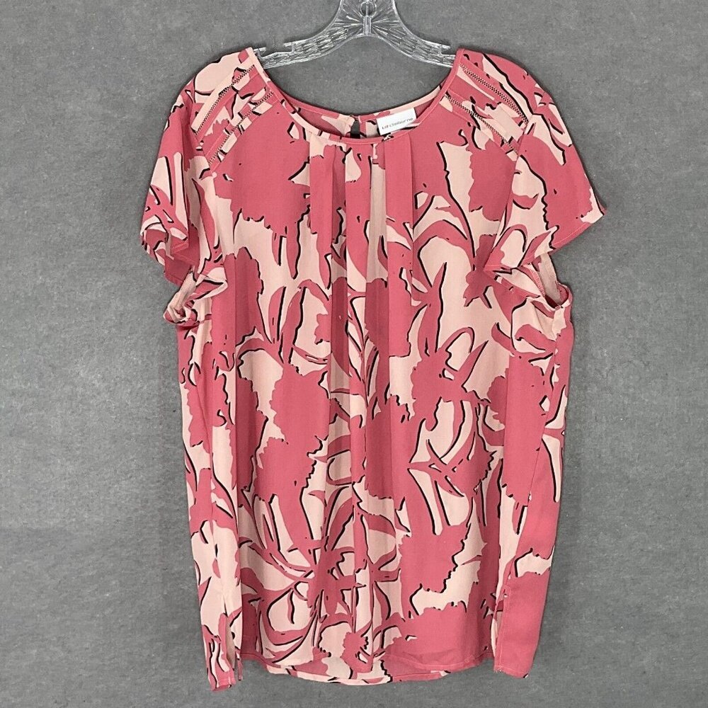 Liz Claiborne Top Women 2XL Pink Floral Pleated Flare Short Sleeve Lightweight